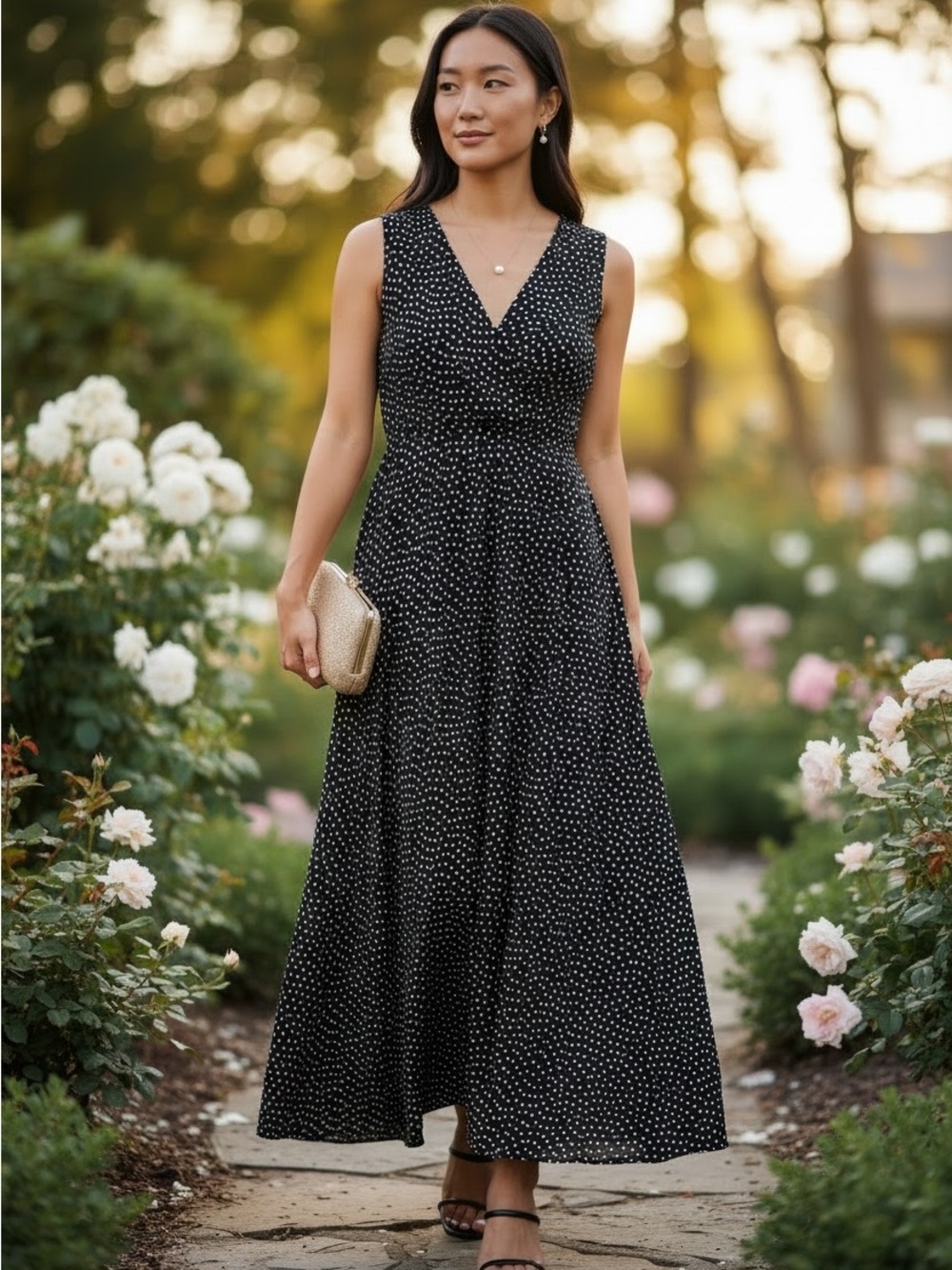 Vintage April Cornell Empire Waist Polka Dot Black White Sleeveless Maxi Dress